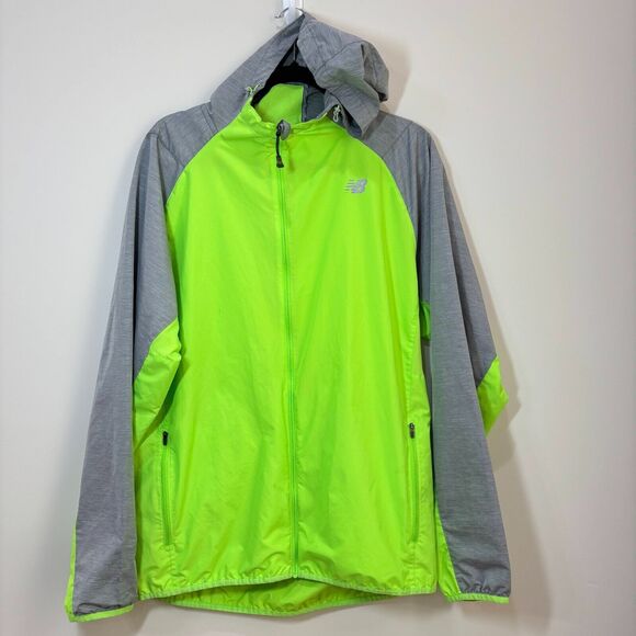 New Balance Neon Green Wind Jacket Men L Running Packable High Visibility Hooded - Picture 2 of 13